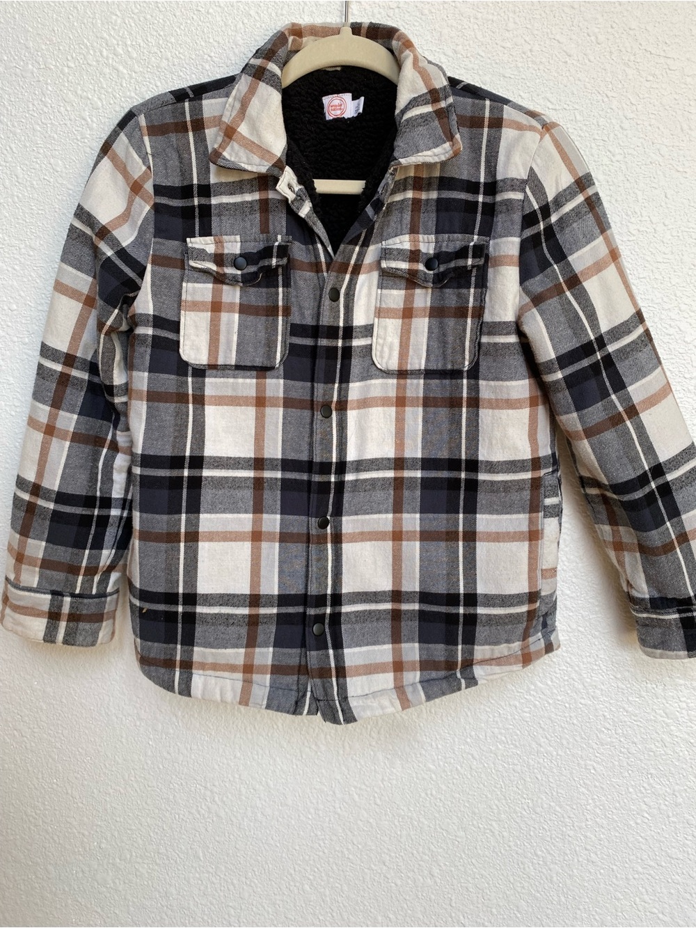Kids Plaid Sherpa-Lined Button-Up Shirt Jacket Shacket in Brown & Gray - Large